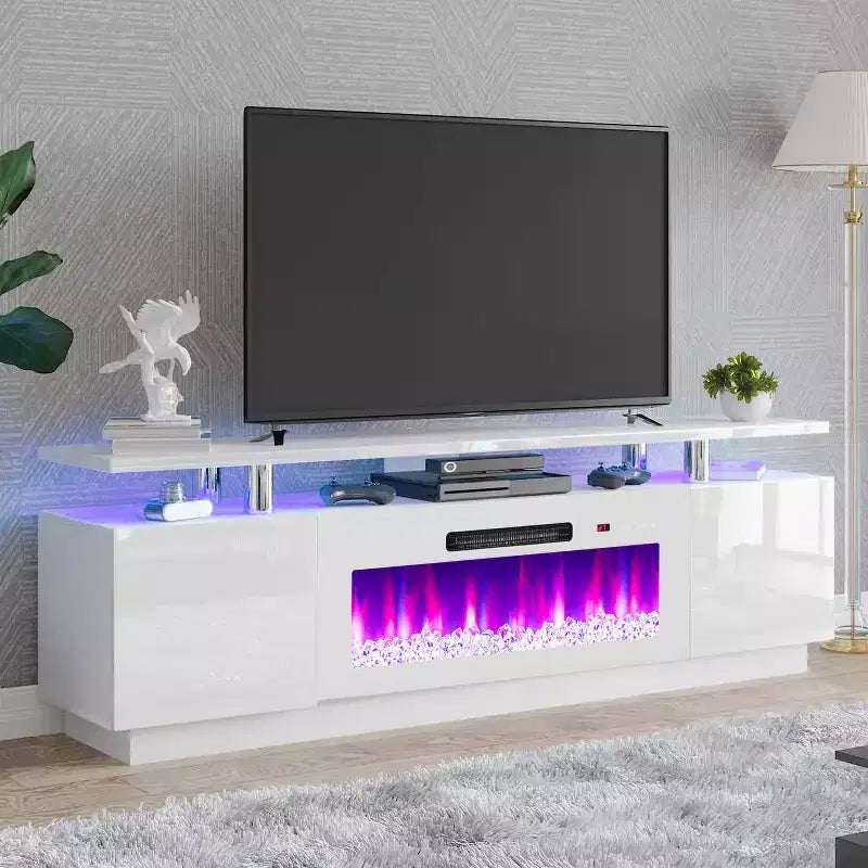 Meuble TV cheminée, meuble de divertissement LED laqué brillant