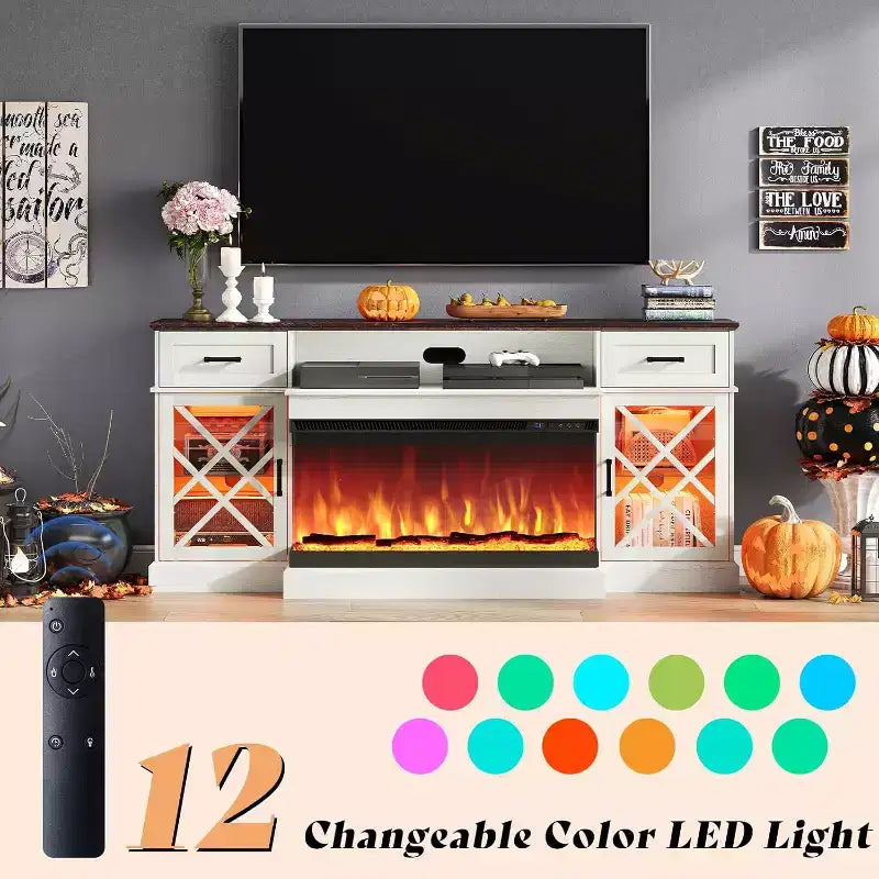 Meuble TV de ferme avec cheminée à LED en verre 3 faces