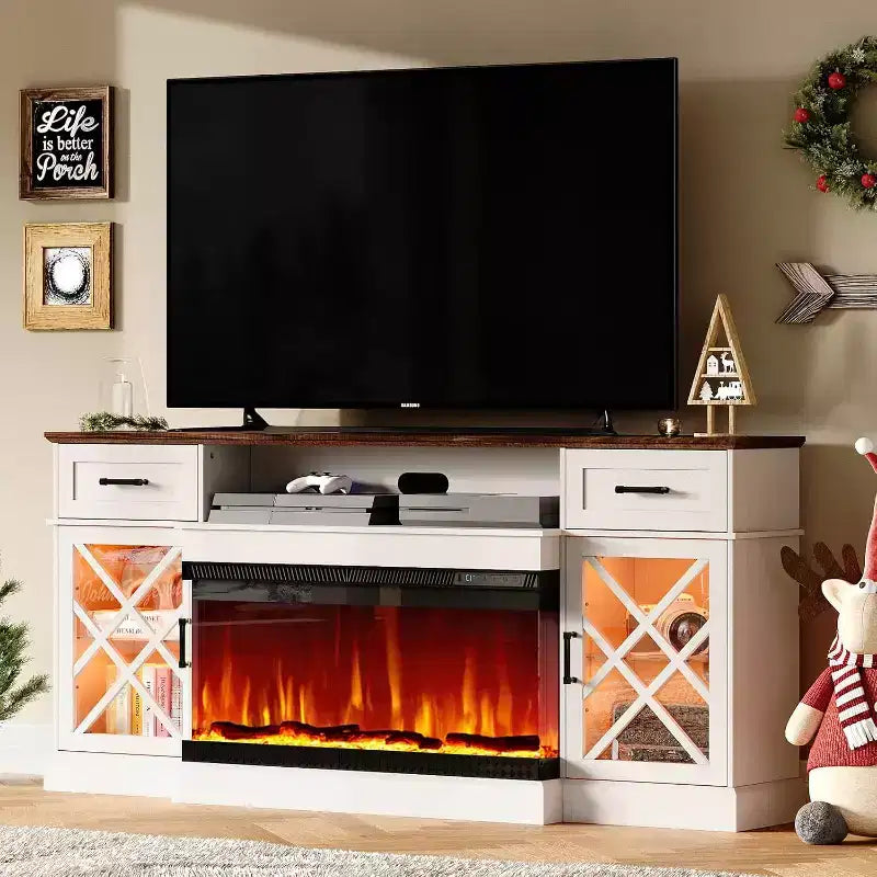 Meuble TV de ferme avec cheminée à LED en verre 3 faces