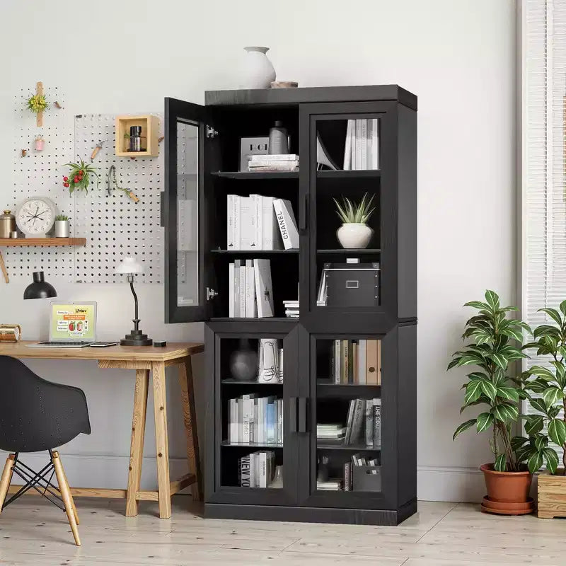 Buffet d'appoint en bois noir 67x31x16, organisateur de rangement avec étagères réglables et portes vitrées pour cuisine, chambre, salon/salle à manger