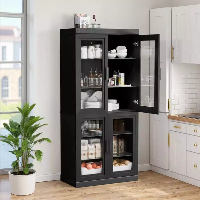 Buffet d'appoint en bois noir 67x31x16, organisateur de rangement avec étagères réglables et portes vitrées pour cuisine, chambre, salon/salle à manger