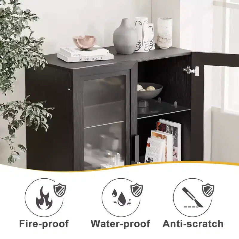 Buffet d'appoint en bois noir 67x31x16, organisateur de rangement avec étagères réglables et portes vitrées pour cuisine, chambre, salon/salle à manger