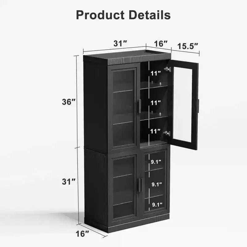 Buffet d'appoint en bois noir 67x31x16, organisateur de rangement avec étagères réglables et portes vitrées pour cuisine, chambre, salon/salle à manger