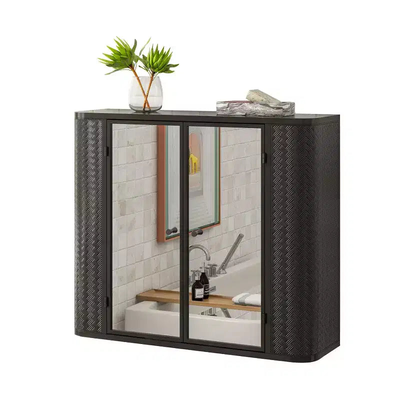 Meuble de salle de bain mural noir 2 portes miroir et étagère ouverte | Cadre en métal style ferme | Au-dessus de l'évier