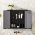 Meuble de salle de bain mural noir 2 portes miroir et étagère ouverte | Cadre en métal style ferme | Au-dessus de l'évier