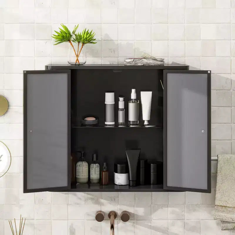 Meuble de salle de bain mural noir 2 portes miroir et étagère ouverte | Cadre en métal style ferme | Au-dessus de l'évier