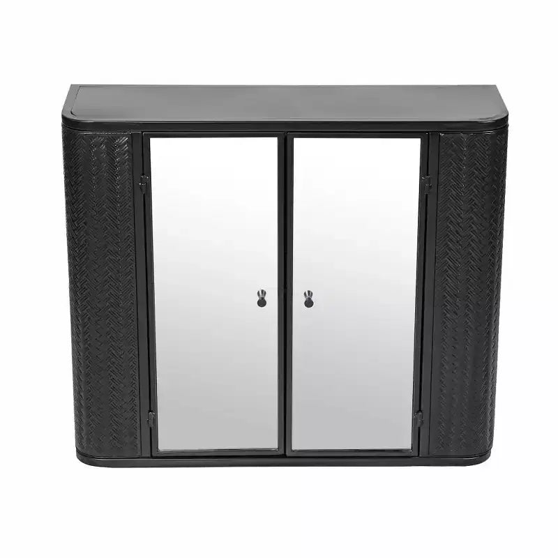 Meuble de salle de bain mural noir 2 portes miroir et étagère ouverte | Cadre en métal style ferme | Au-dessus de l'évier