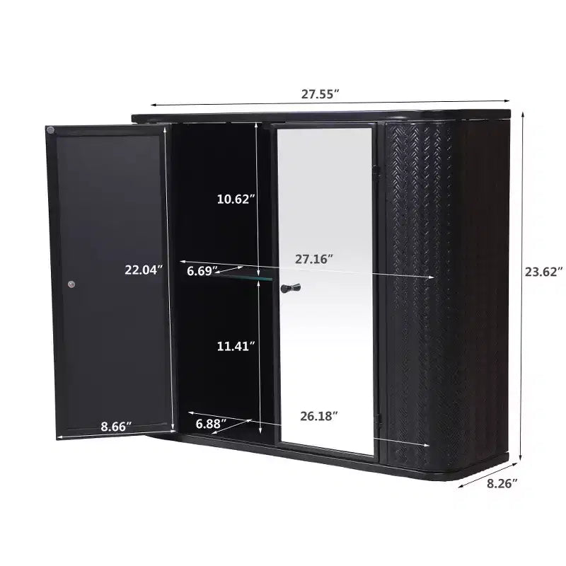 Meuble de salle de bain mural noir 2 portes miroir et étagère ouverte | Cadre en métal style ferme | Au-dessus de l'évier