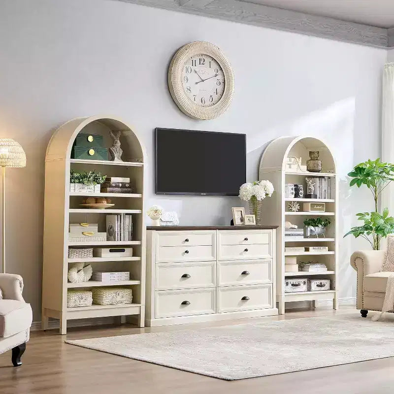 Bibliothèque arquée, Meuble de rangement style ferme moderne avec étagères réglables, Bibliothèque en bois avec étagère de présentation ouverte pour bureau à domicile