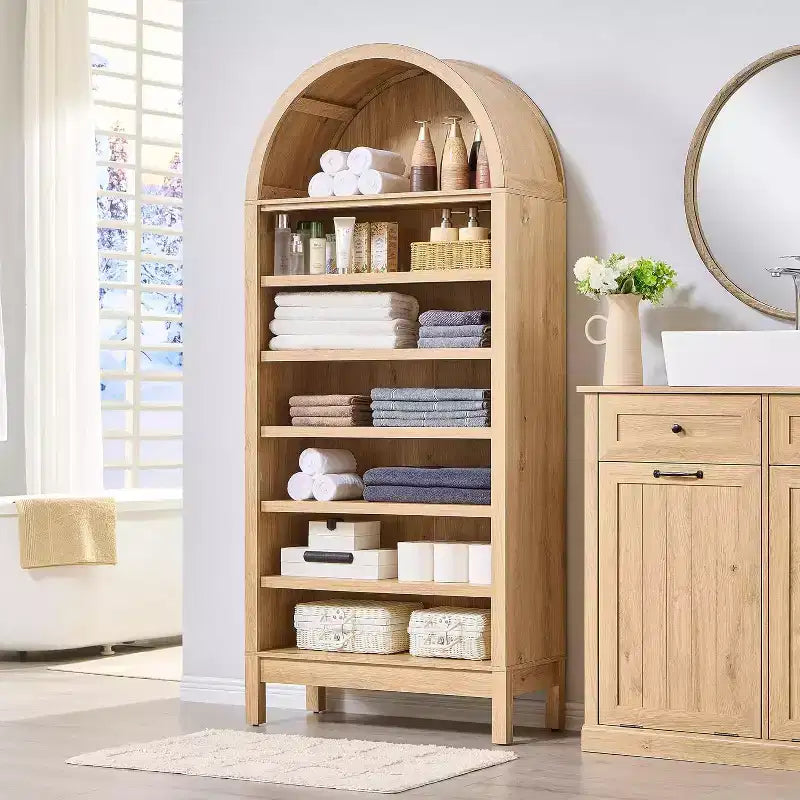 Bibliothèque arquée, Meuble de rangement style ferme moderne avec étagères réglables, Bibliothèque en bois avec étagère de présentation ouverte pour bureau à domicile