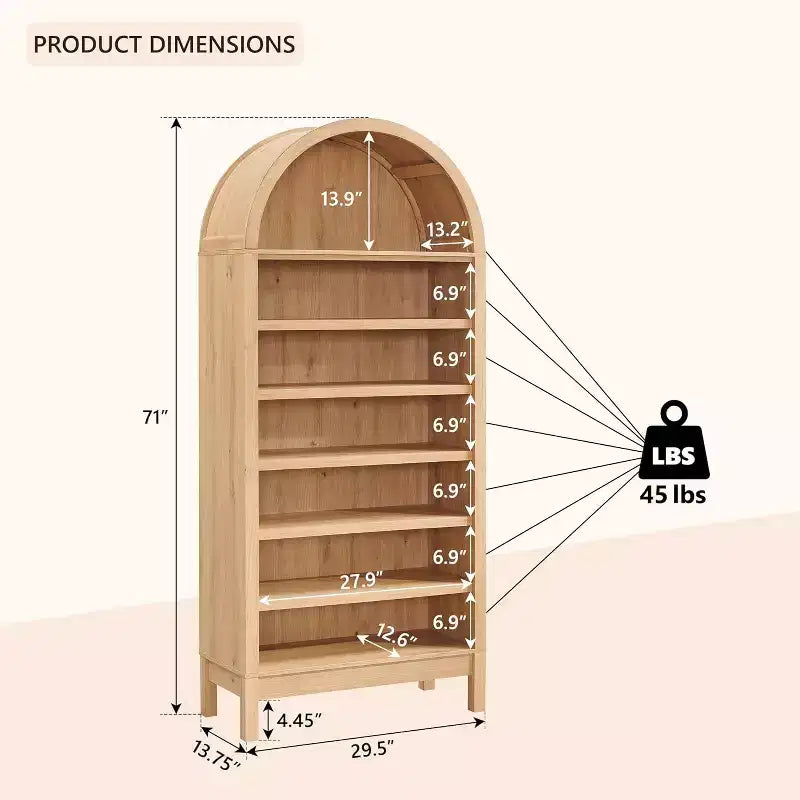 Bibliothèque arquée, Meuble de rangement style ferme moderne avec étagères réglables, Bibliothèque en bois avec étagère de présentation ouverte pour bureau à domicile