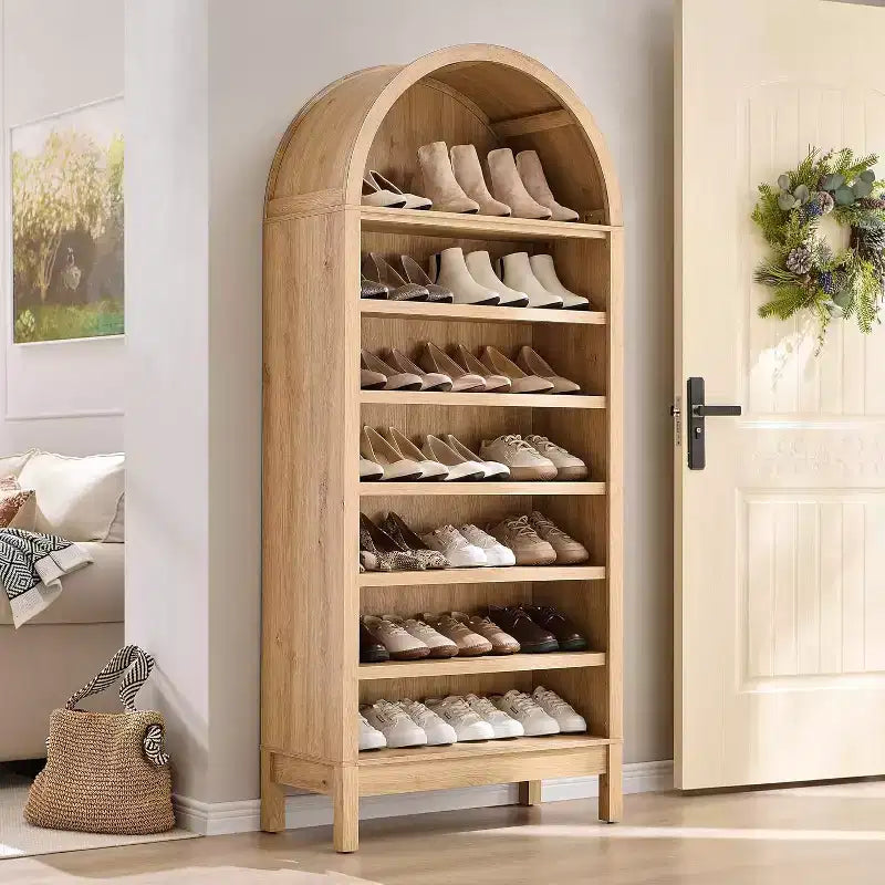 Bibliothèque arquée, Meuble de rangement style ferme moderne avec étagères réglables, Bibliothèque en bois avec étagère de présentation ouverte pour bureau à domicile