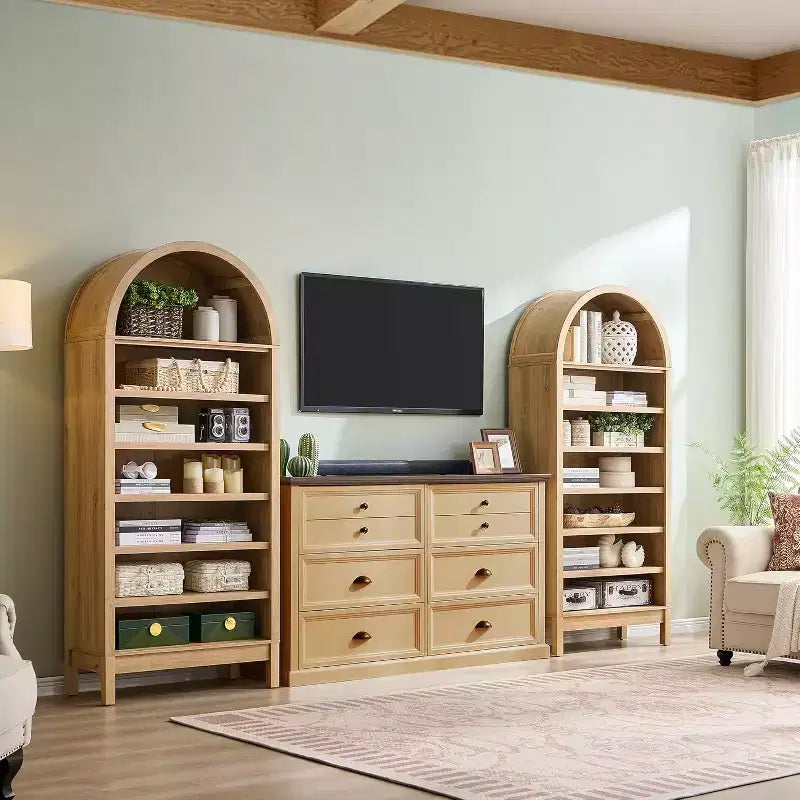 Bibliothèque arquée, Meuble de rangement style ferme moderne avec étagères réglables, Bibliothèque en bois avec étagère de présentation ouverte pour bureau à domicile