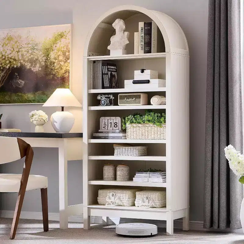 Bibliothèque arquée, Meuble de rangement style ferme moderne avec étagères réglables, Bibliothèque en bois avec étagère de présentation ouverte pour bureau à domicile