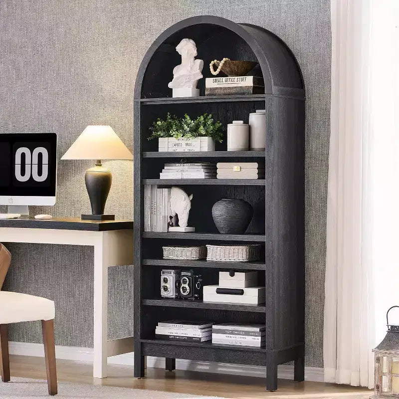Bibliothèque arquée, Meuble de rangement style ferme moderne avec étagères réglables, Bibliothèque en bois avec étagère de présentation ouverte pour bureau à domicile