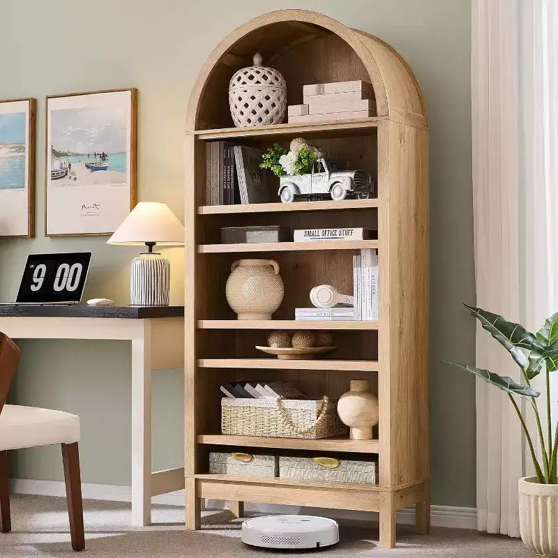 Bibliothèque arquée, Meuble de rangement style ferme moderne avec étagères réglables, Bibliothèque en bois avec étagère de présentation ouverte pour bureau à domicile