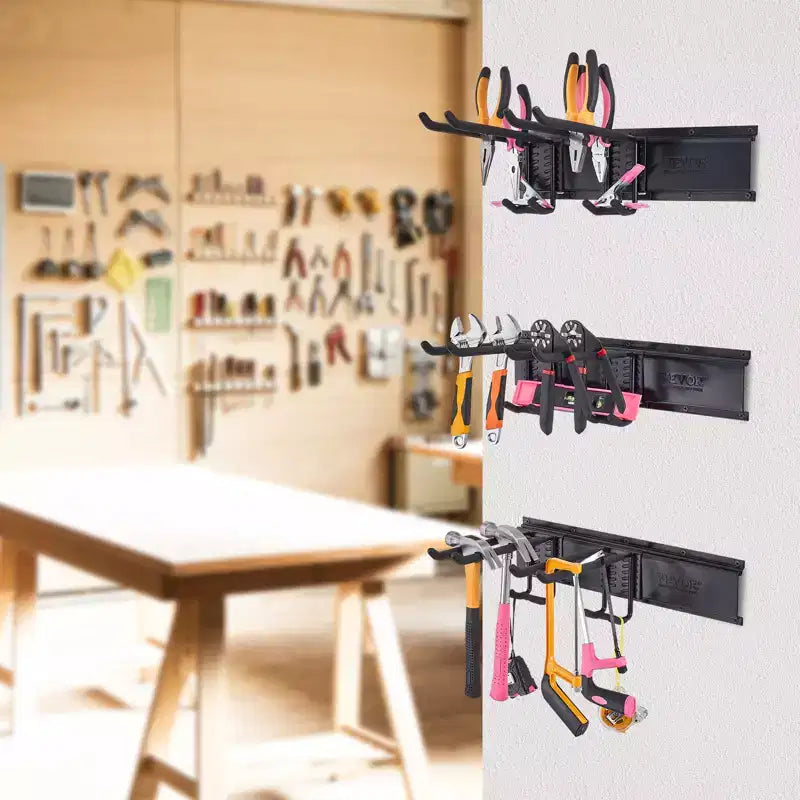 Organisateur d'outils de garage, capacité de charge maximale de 360 kg, support de rangement mural robuste pour jardin avec 6 crochets réglables, 3 rails