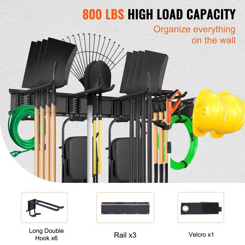 Organisateur d'outils de garage, capacité de charge maximale de 360 kg, support de rangement mural robuste pour jardin avec 6 crochets réglables, 3 rails
