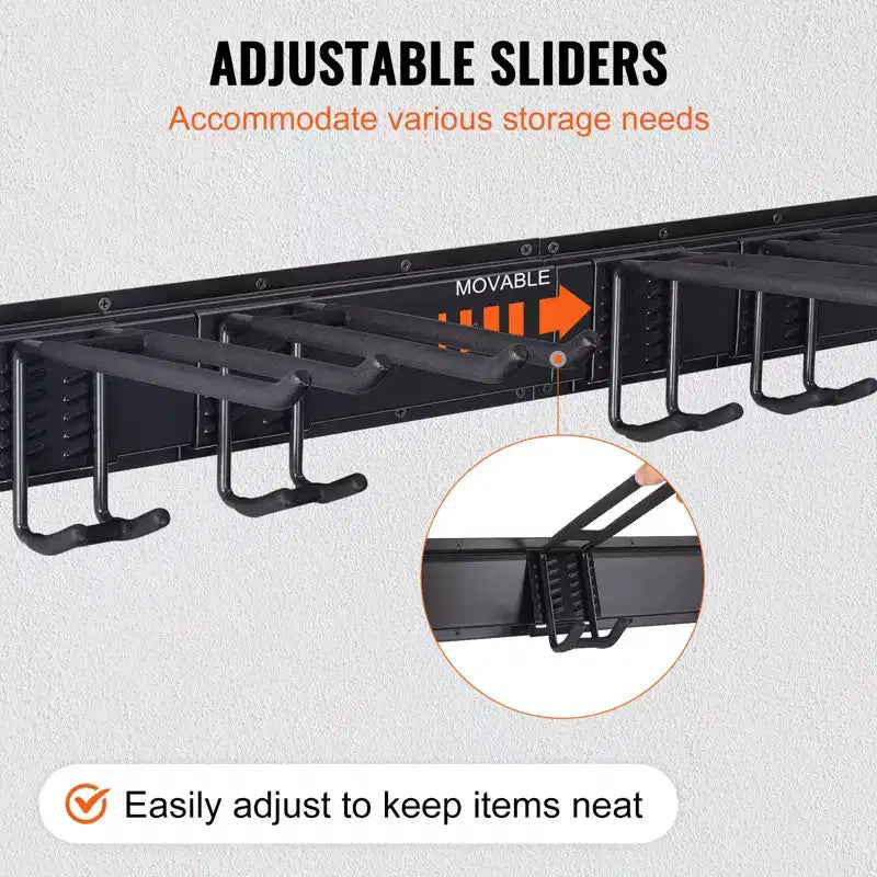 Organisateur d'outils de garage, capacité de charge maximale de 360 kg, support de rangement mural robuste pour jardin avec 6 crochets réglables, 3 rails