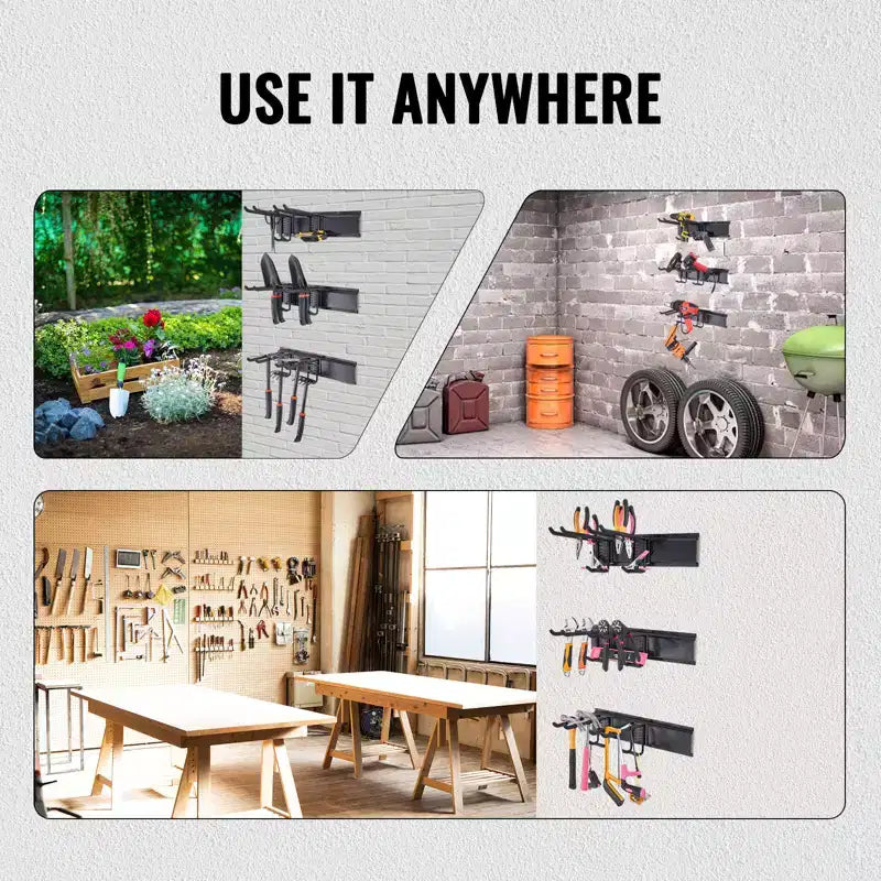 Organisateur d'outils de garage, capacité de charge maximale de 360 kg, support de rangement mural robuste pour jardin avec 6 crochets réglables, 3 rails