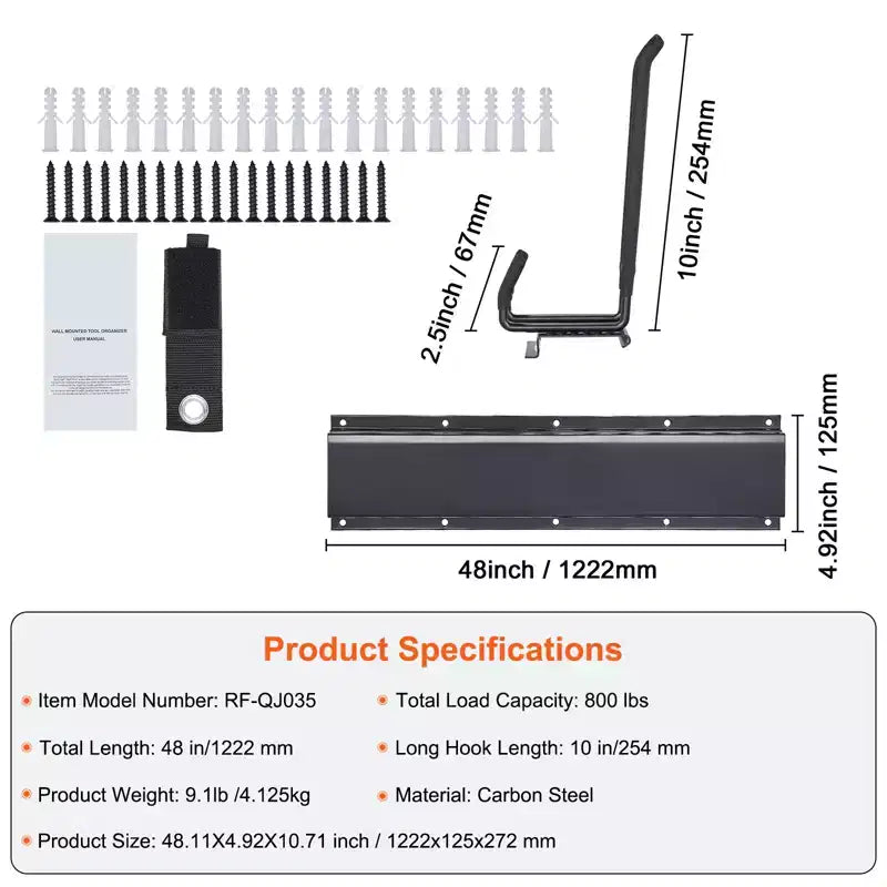 Organisateur d'outils de garage, capacité de charge maximale de 360 kg, support de rangement mural robuste pour jardin avec 6 crochets réglables, 3 rails