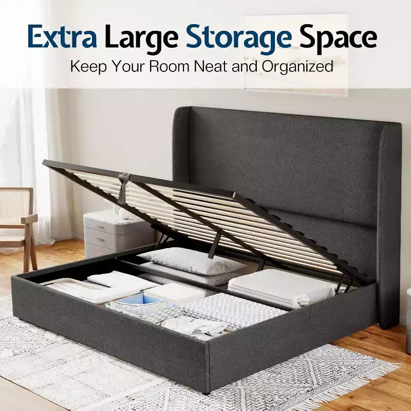 Lit plateforme de rangement escamotable avec tête de lit capitonnée et revêtement en lin