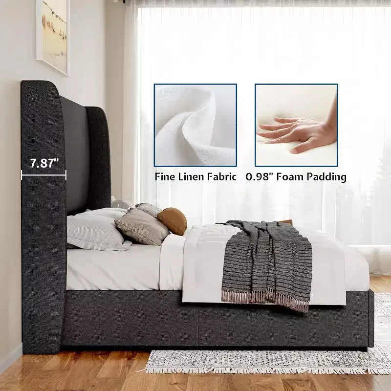 Lit plateforme de rangement escamotable avec tête de lit capitonnée et revêtement en lin