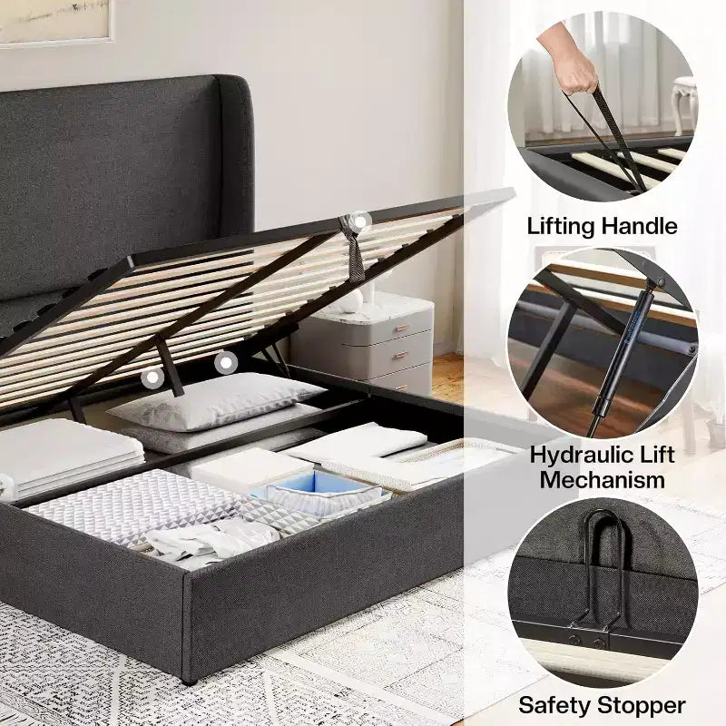 Lit plateforme de rangement escamotable avec tête de lit capitonnée et revêtement en lin