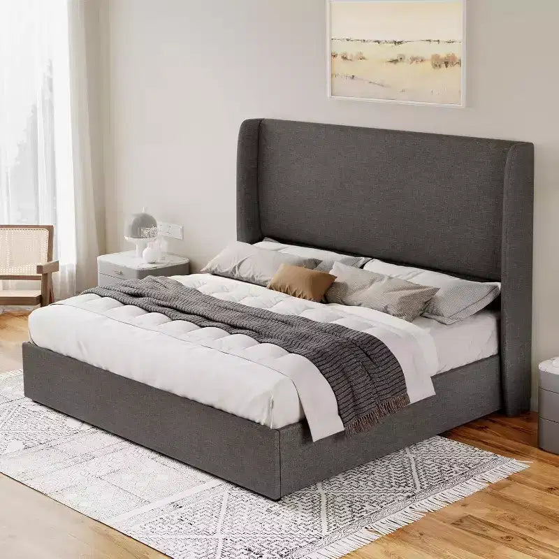 Lit plateforme de rangement escamotable avec tête de lit capitonnée et revêtement en lin