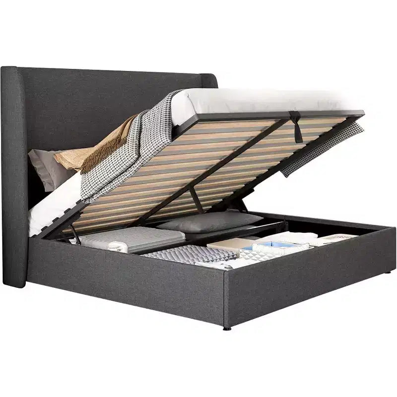 Lit plateforme de rangement escamotable avec tête de lit capitonnée et revêtement en lin