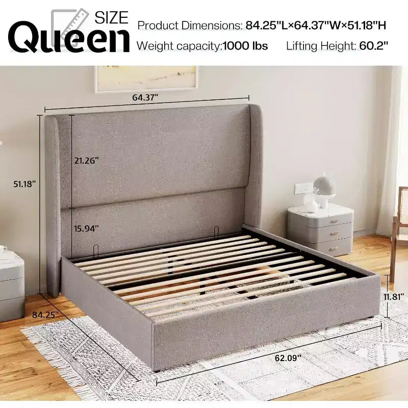 Lit plateforme de rangement escamotable avec tête de lit capitonnée et revêtement en lin