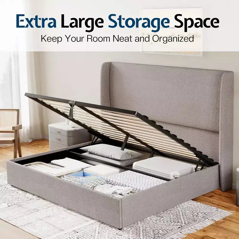 Lit plateforme de rangement escamotable avec tête de lit capitonnée et revêtement en lin
