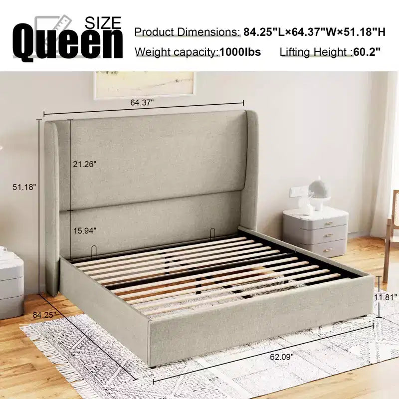 Lit plateforme de rangement escamotable avec tête de lit capitonnée et revêtement en lin