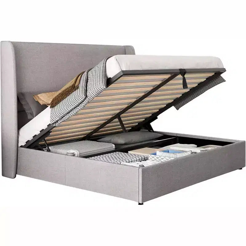 Lit plateforme de rangement escamotable avec tête de lit capitonnée et revêtement en lin