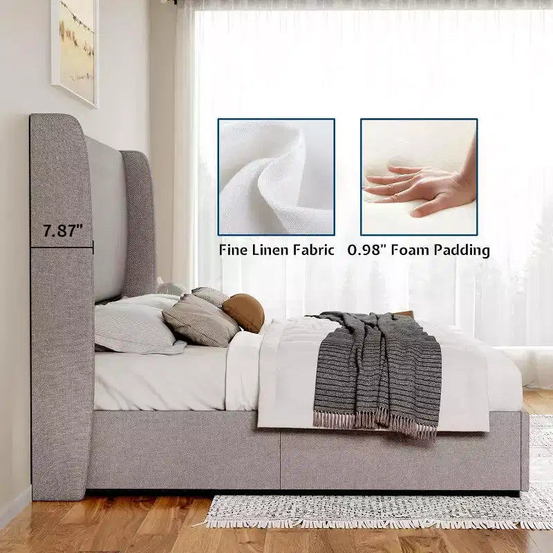 Lit plateforme de rangement escamotable avec tête de lit capitonnée et revêtement en lin