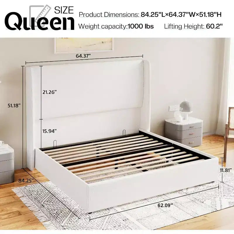 Lit plateforme de rangement escamotable avec tête de lit capitonnée et revêtement en lin