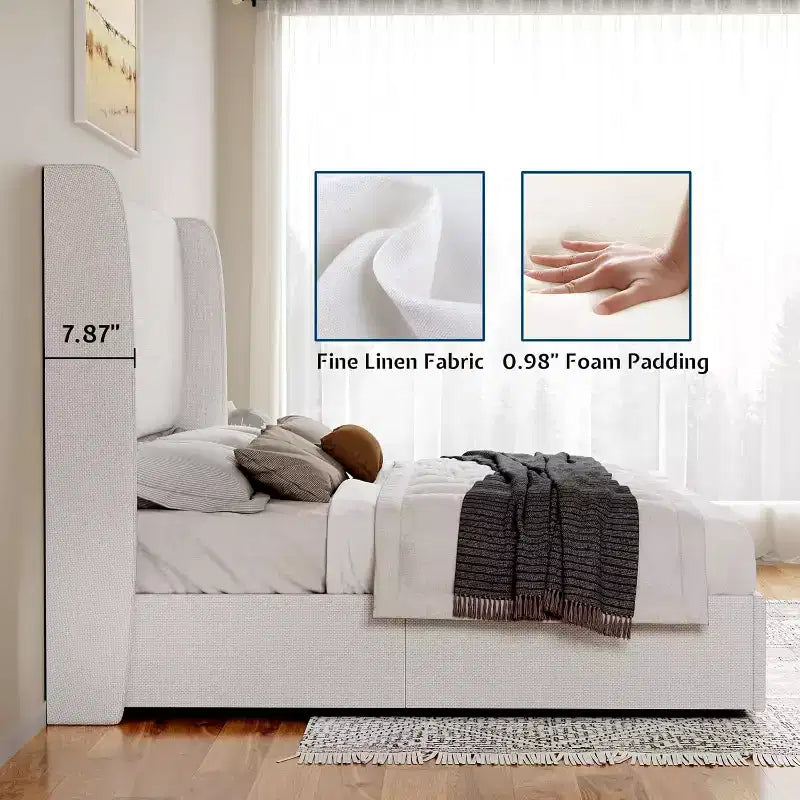 Lit plateforme de rangement escamotable avec tête de lit capitonnée et revêtement en lin