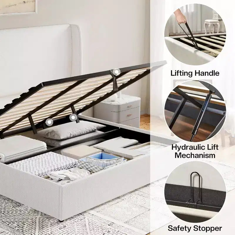 Lit plateforme de rangement escamotable avec tête de lit capitonnée et revêtement en lin
