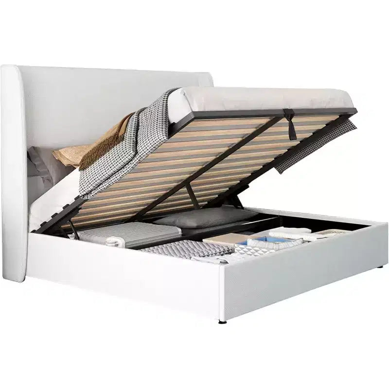 Lit plateforme de rangement escamotable avec tête de lit capitonnée et revêtement en lin