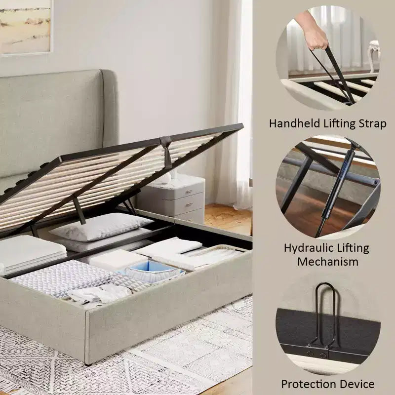 Lit plateforme de rangement escamotable avec tête de lit capitonnée et revêtement en lin