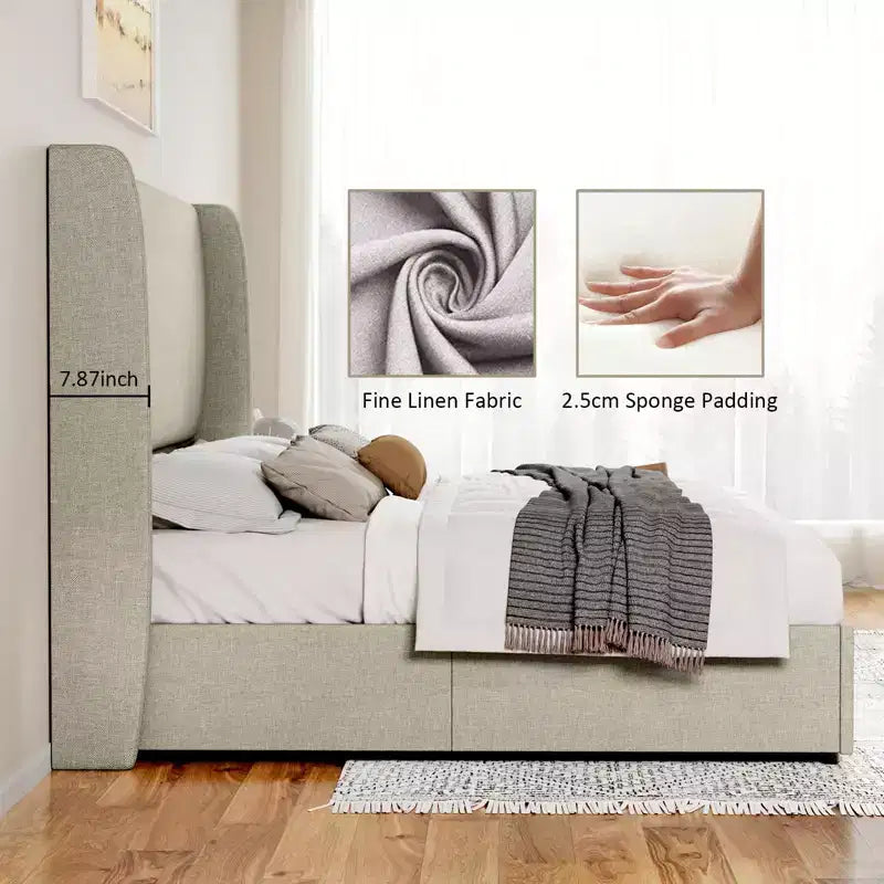 Lit plateforme de rangement escamotable avec tête de lit capitonnée et revêtement en lin