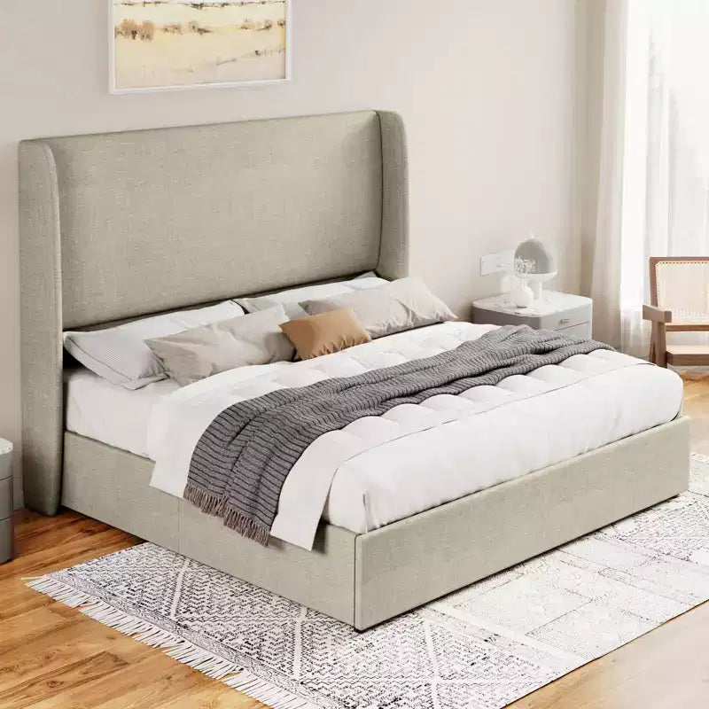 Lit plateforme de rangement escamotable avec tête de lit capitonnée et revêtement en lin