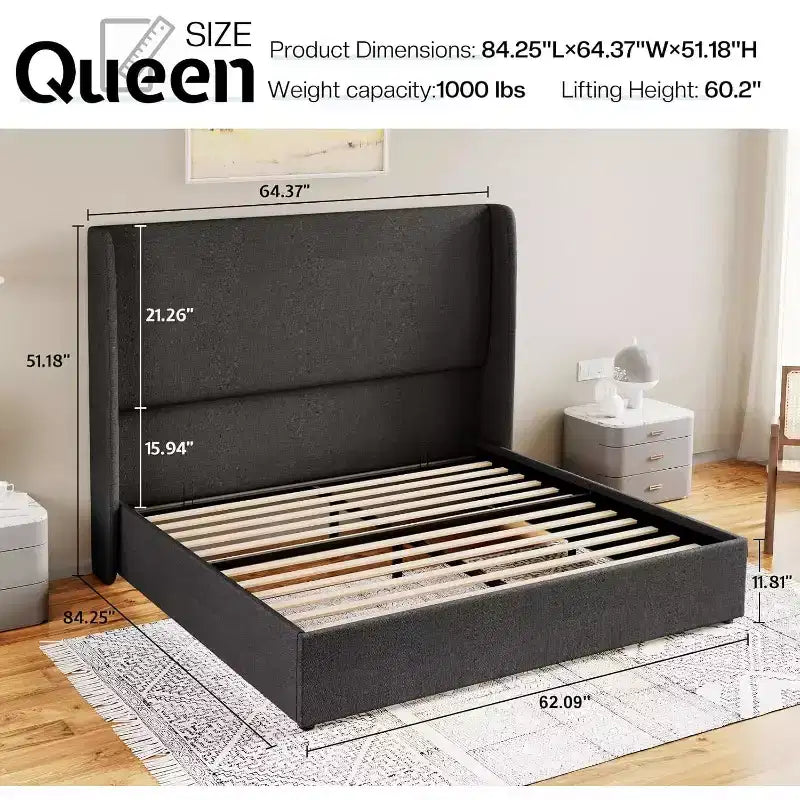Lit plateforme de rangement escamotable avec tête de lit capitonnée et revêtement en lin