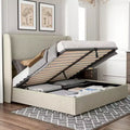 AMERLIFE Lift-Up Storage Platform Bed with Wingback Headboard, Linen Upholstery