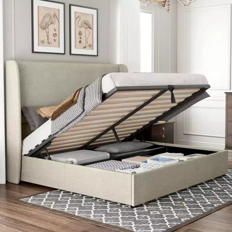 AMERLIFE Lift-Up Storage Platform Bed with Wingback Headboard, Linen Upholstery