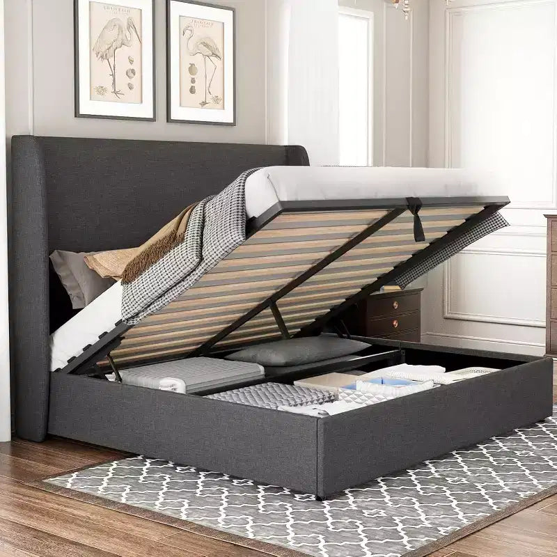 Lit plateforme de rangement escamotable avec tête de lit capitonnée et revêtement en lin