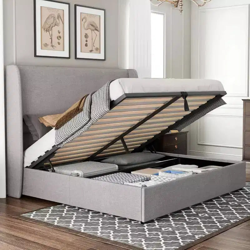 Lit plateforme de rangement escamotable avec tête de lit capitonnée et revêtement en lin
