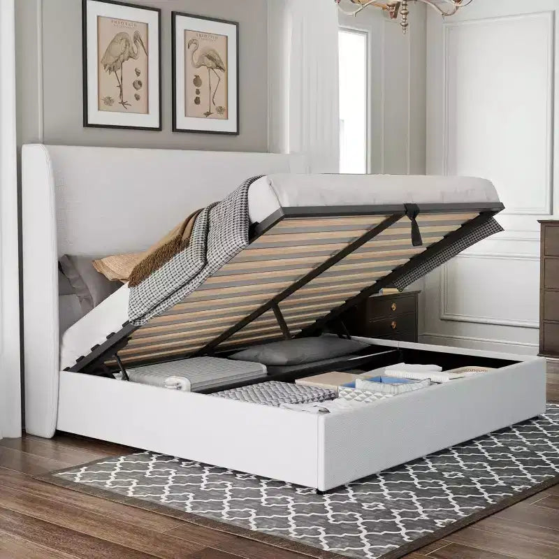 Lit plateforme de rangement escamotable avec tête de lit capitonnée et revêtement en lin