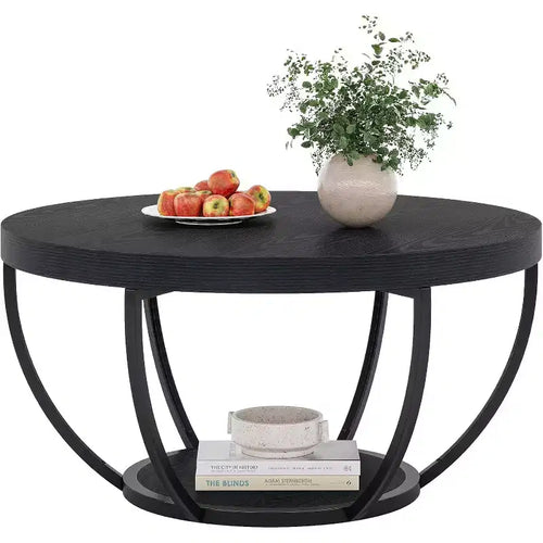 Lantine 31.7 Round Coffee Table, 2-Tier Circle Coffee Table with Storage Shelves, Modern Center Table for Living Room Black