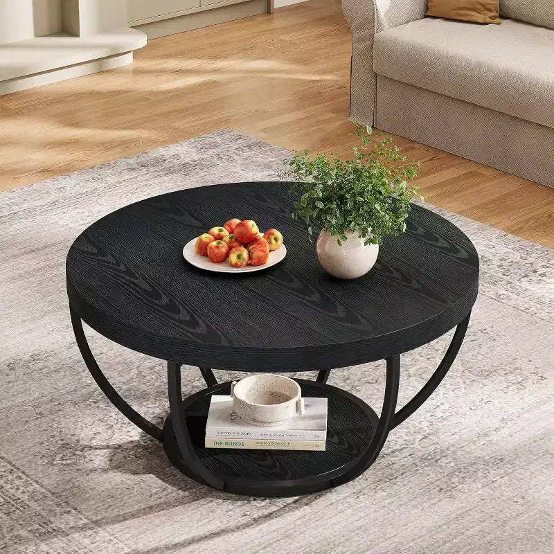 Table basse ronde de 80,5 cm, table basse circulaire à 2 niveaux avec étagères de rangement, table basse moderne pour salon, noire